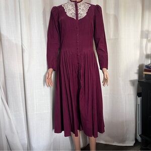 Vintage Burgundy Corduroy Prairie Dress with Lace Sz M